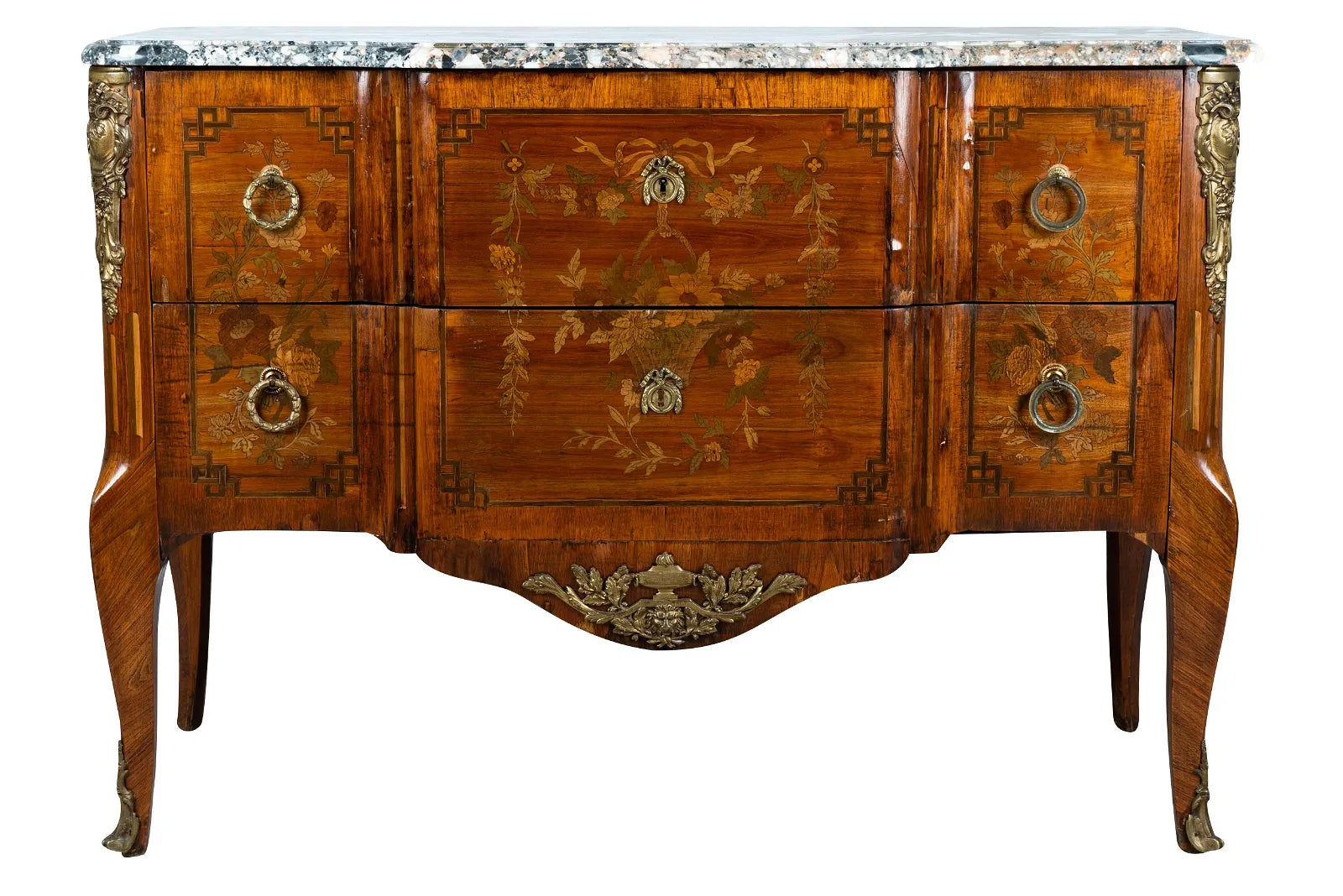 AF4-104: ANTIQUE LATE 19TH CENTURY FRENCH LOUIS XV/XVI TRANSITIONAL STYLE MARQUETRY COMMODE