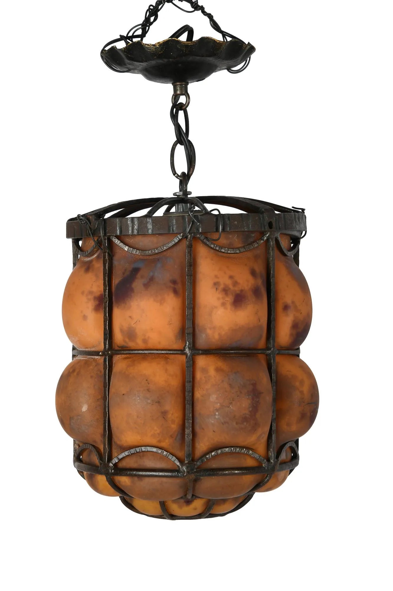 AL1-031: Daum Nancy & Louis Majorelle - Early 20th Century Hand Forged Iron Chandelier with Blown Mottled Glass