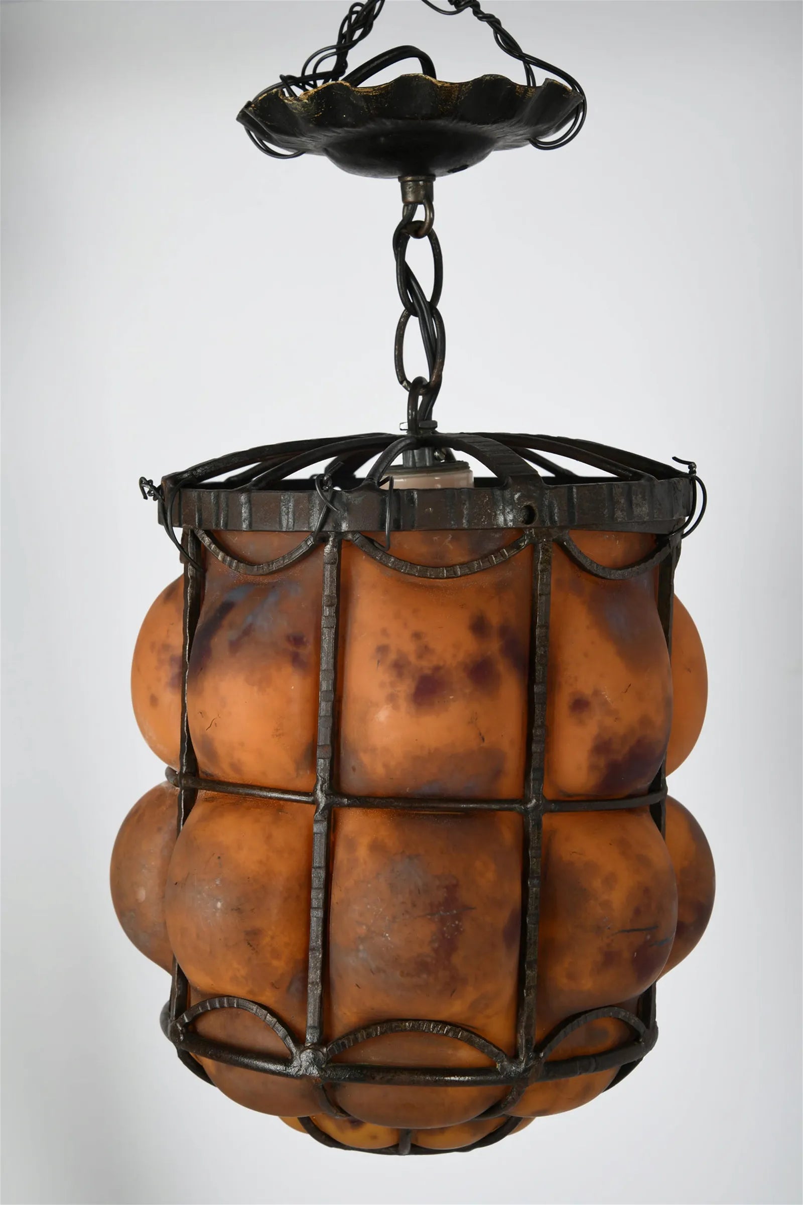 AL1-031: Daum Nancy & Louis Majorelle - Early 20th Century Hand Forged Iron Chandelier with Blown Mottled Glass