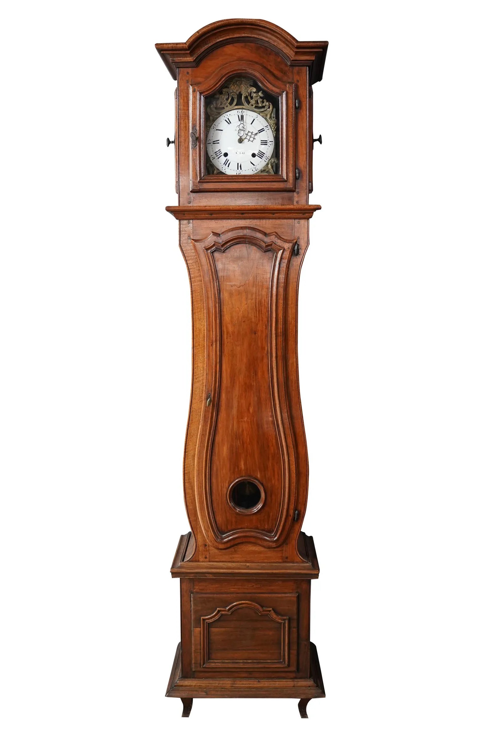 TK1-045: 18TH CENTURY FRENCH PROVINCIAL FRUITWOOD TALL CAS CLOCK