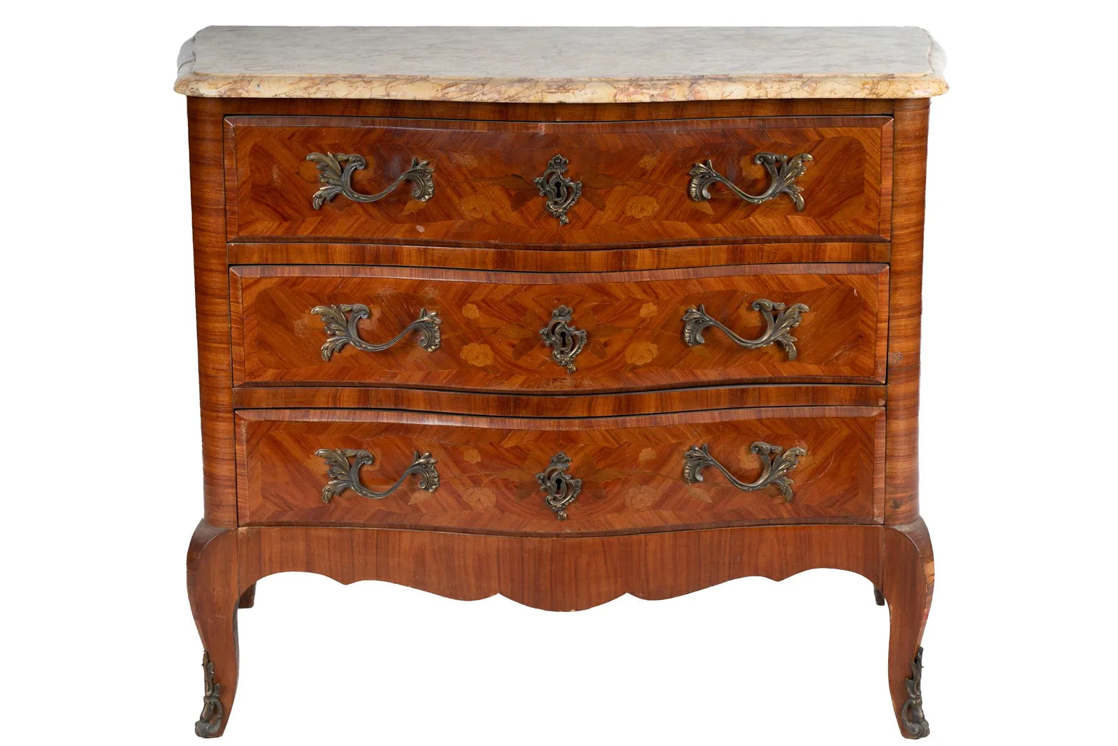 AF4-021: ANTIQUE LATE 19TH CENTURY LOUIS XV TRANSITIONAL STYLE FRENCH KINGWOOD MARQUETRY MARBLE TOP  CHEST OF DRAWERS