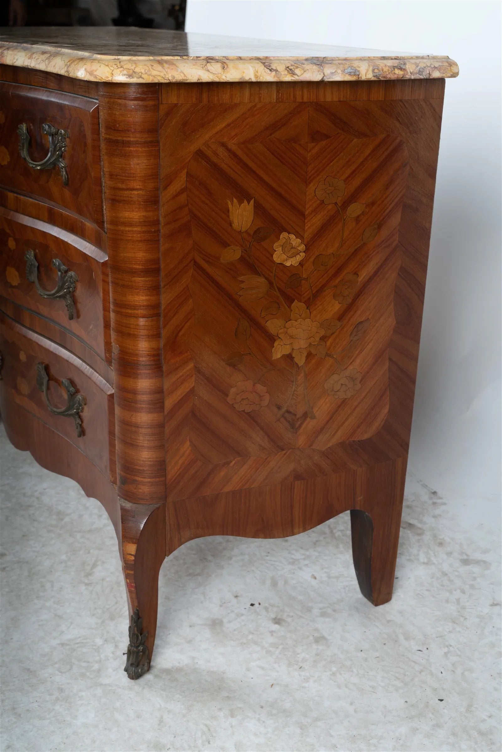 AF4-021: ANTIQUE LATE 19TH CENTURY LOUIS XV TRANSITIONAL STYLE FRENCH KINGWOOD MARQUETRY MARBLE TOP  CHEST OF DRAWERS