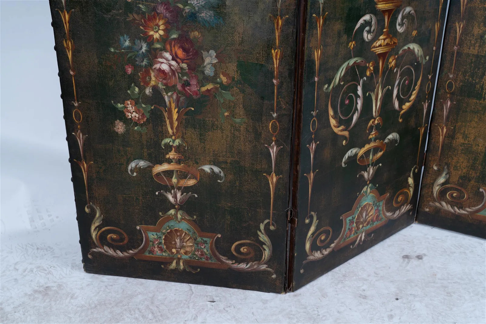 AF7-005: ANTIQUE EARLY 20TH CENTURY FRENCH THREE PANEL POLYCHROME DECORATED LEATHER SCREEN