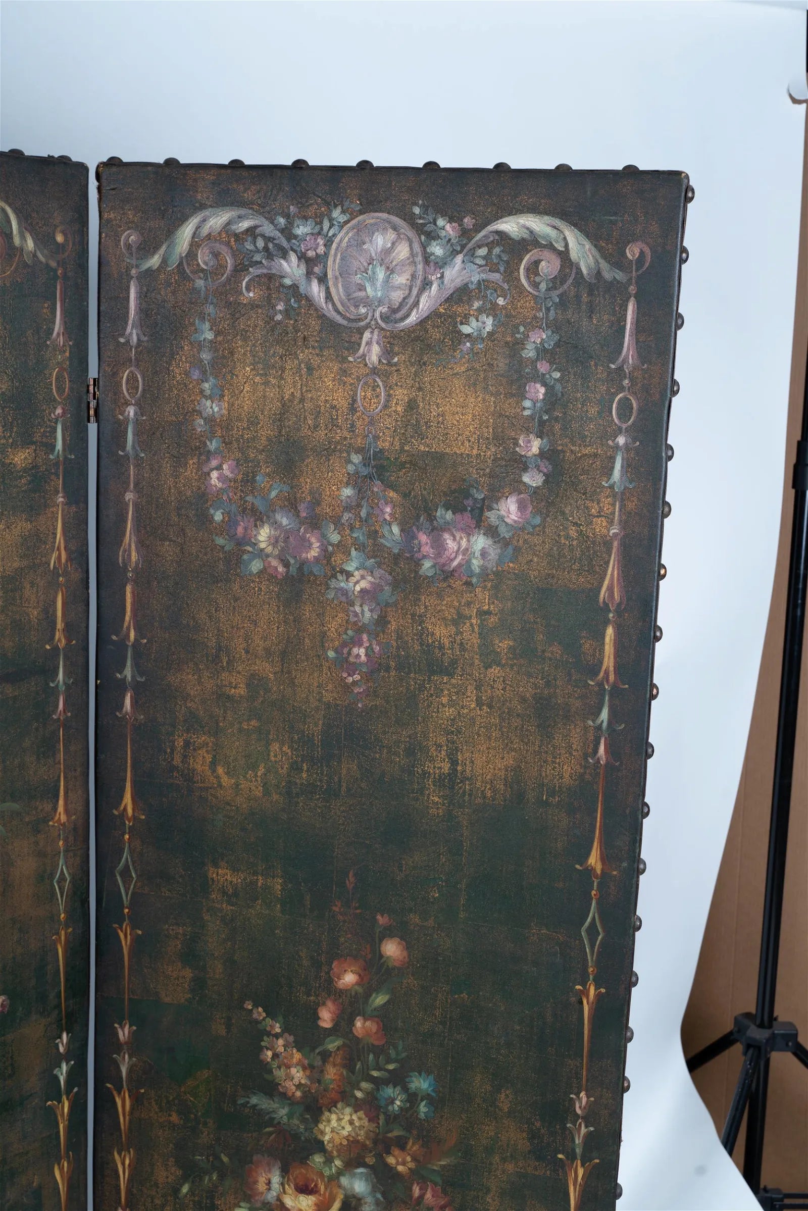 AF7-005: ANTIQUE EARLY 20TH CENTURY FRENCH THREE PANEL POLYCHROME DECORATED LEATHER SCREEN