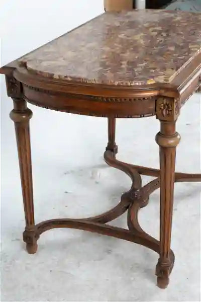 AF1-024:  ANTIQUE LATE 19TH CENTURY LOUIS XVI  STYLE FRENCH WALNUT MARBLE-INSET SALON TABLE