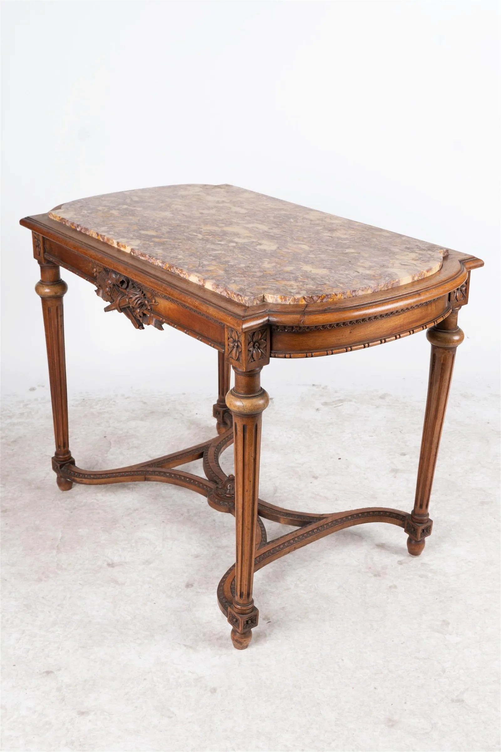 AF1-024:  ANTIQUE LATE 19TH CENTURY LOUIS XVI  STYLE FRENCH WALNUT MARBLE-INSET SALON TABLE