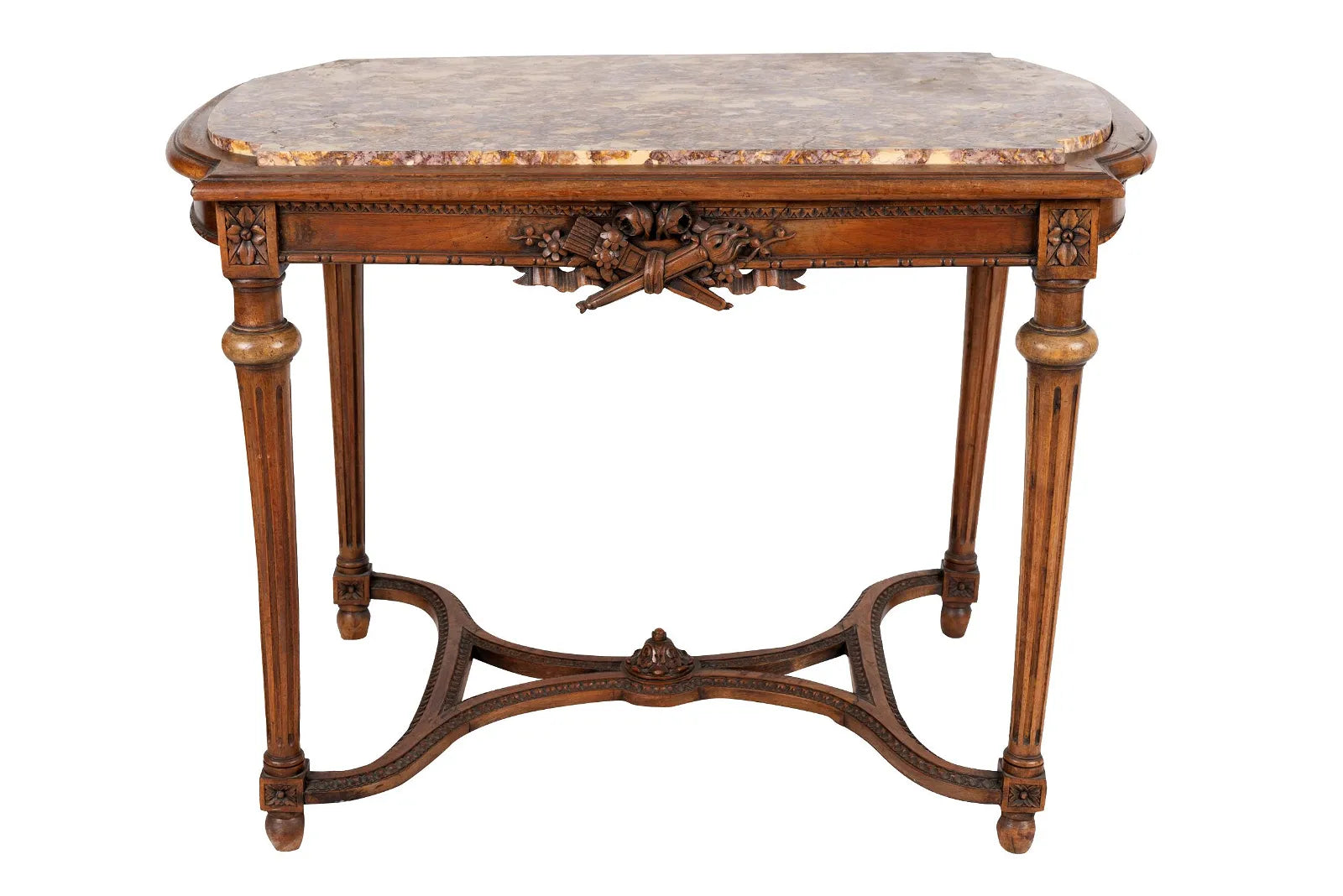 AF1-024:  ANTIQUE LATE 19TH CENTURY LOUIS XVI  STYLE FRENCH WALNUT MARBLE-INSET SALON TABLE