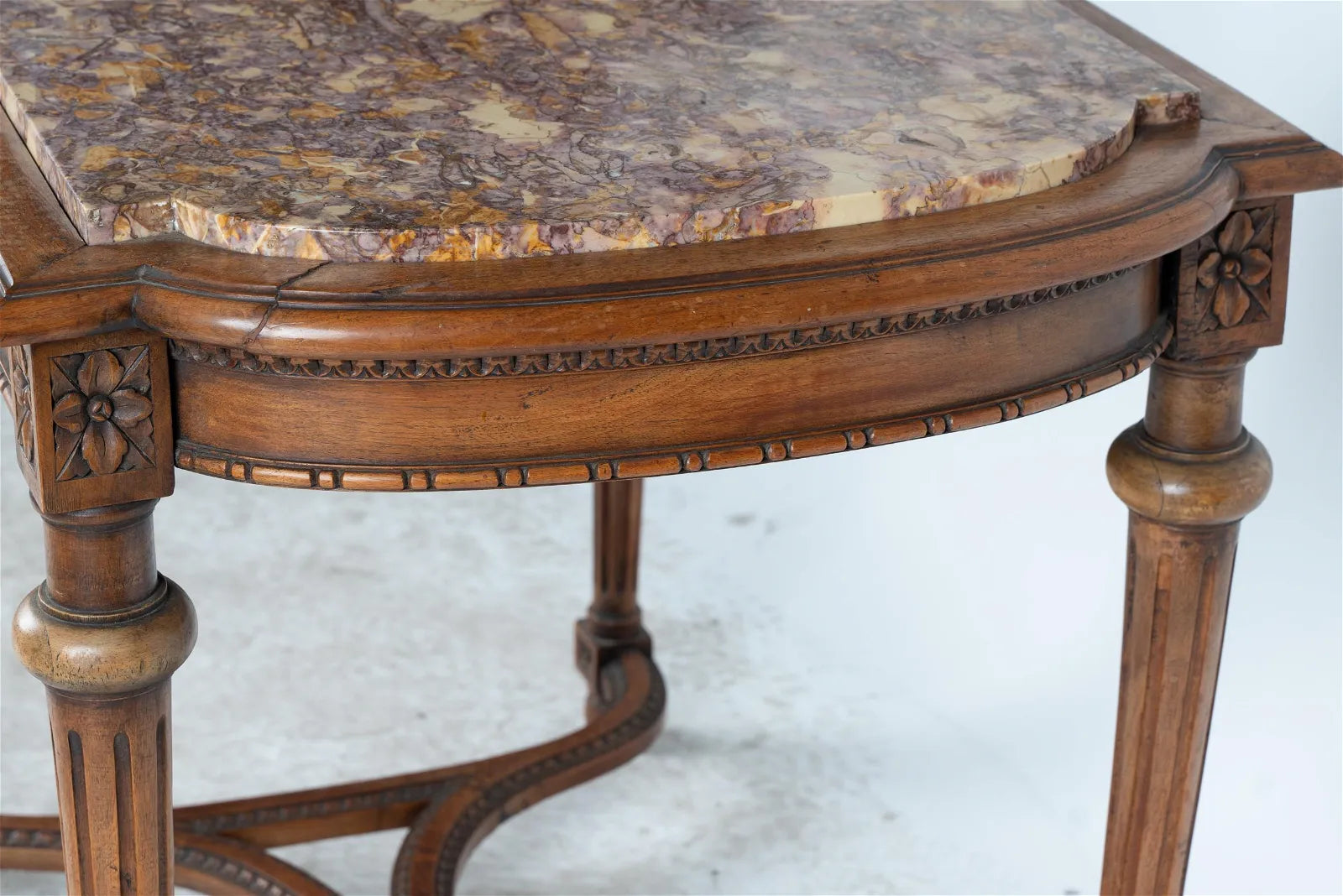 AF1-024:  ANTIQUE LATE 19TH CENTURY LOUIS XVI  STYLE FRENCH WALNUT MARBLE-INSET SALON TABLE