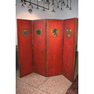 Antique Red Leather Screen with Heraldic Shield Designs | Work of Man