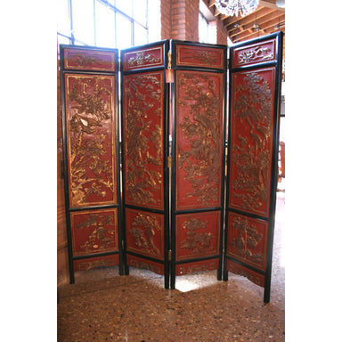 Antique Cinnabar and Black Lacquer Chinese Four Panel Screen | Work of Man