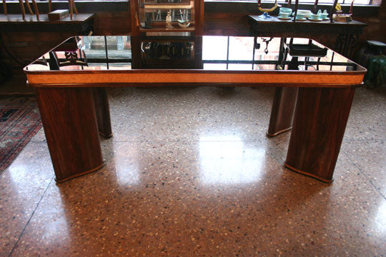 AF1-237: Antique c.1930's French Art Deco Walnut Table Desk w/ Black Glass Top