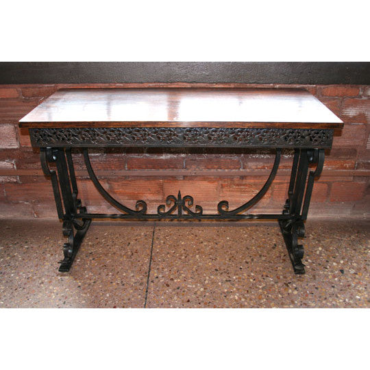 AF1-238: Late 20th Century Spanish Colonial Revival Wrought Iron Console Table With Oak Top