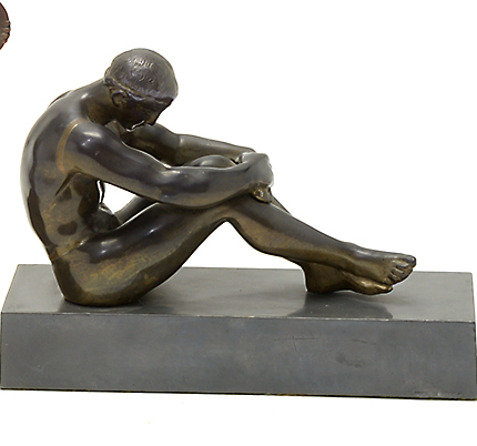 MID 20TH CENTURY BRONZE OF A SEATED PENSIVE MALE NUDE ON A BLACK METAL PLINTH BASE | Work of Man