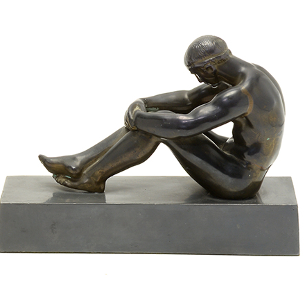 AW11-014: MID 20TH CENTURY BRONZE OF A SEATED PENSIVE MALE NUDE ON A BLACK METAL PLINTH BASE