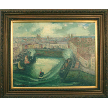 Max Band - City Harbor Scene - Oil on Board Painting | Work of Man