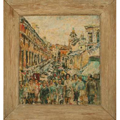 European School - European Street Scene - Oil on Canvas Painting | Work of Man