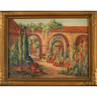 American School - California Mission Courtyard - Oil on Board Painting | Work of Man