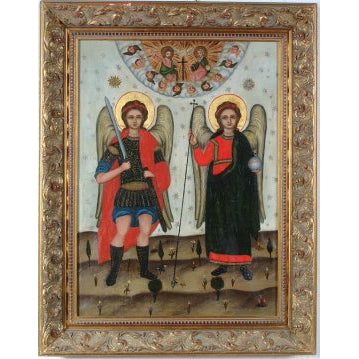 Russian School - Archangels Michael and Gabriel Beneath the Trinity Image - Oil on Canvas Painting | Work of Man