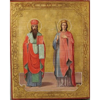 Russian School - Saint Basil the Great and Saint Alexandra - Oil on Board Painting | Work of Man