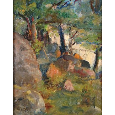 Walter Lofthouse Dean - Rocky Outcrop in Wooded landscape - Oil on Board Painting | Work of Man