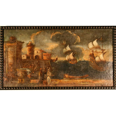 Italian School - 17th Century Harbor Scene - Oil on Canvas Painting | Work of Man