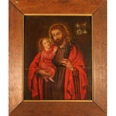European School - Joseph Holding Christ - Oil on Board Painting | Work of Man