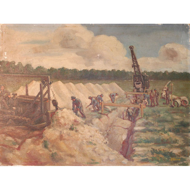 WPA - American School - Laying Underground Pipe - Oil on Board Painting | Work of Man