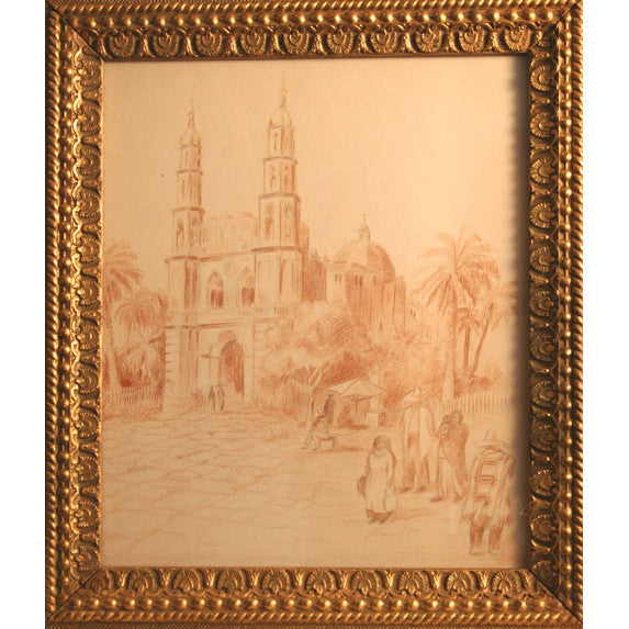 Latin School - Spanish Colonial Cathedral - Conte Crayon on Paper Painting | Work of Man