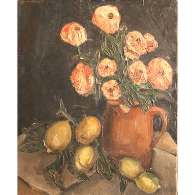 European School -  Modernist Still Life with Pink Roses - Oil on Canvas Painting | Work of Man