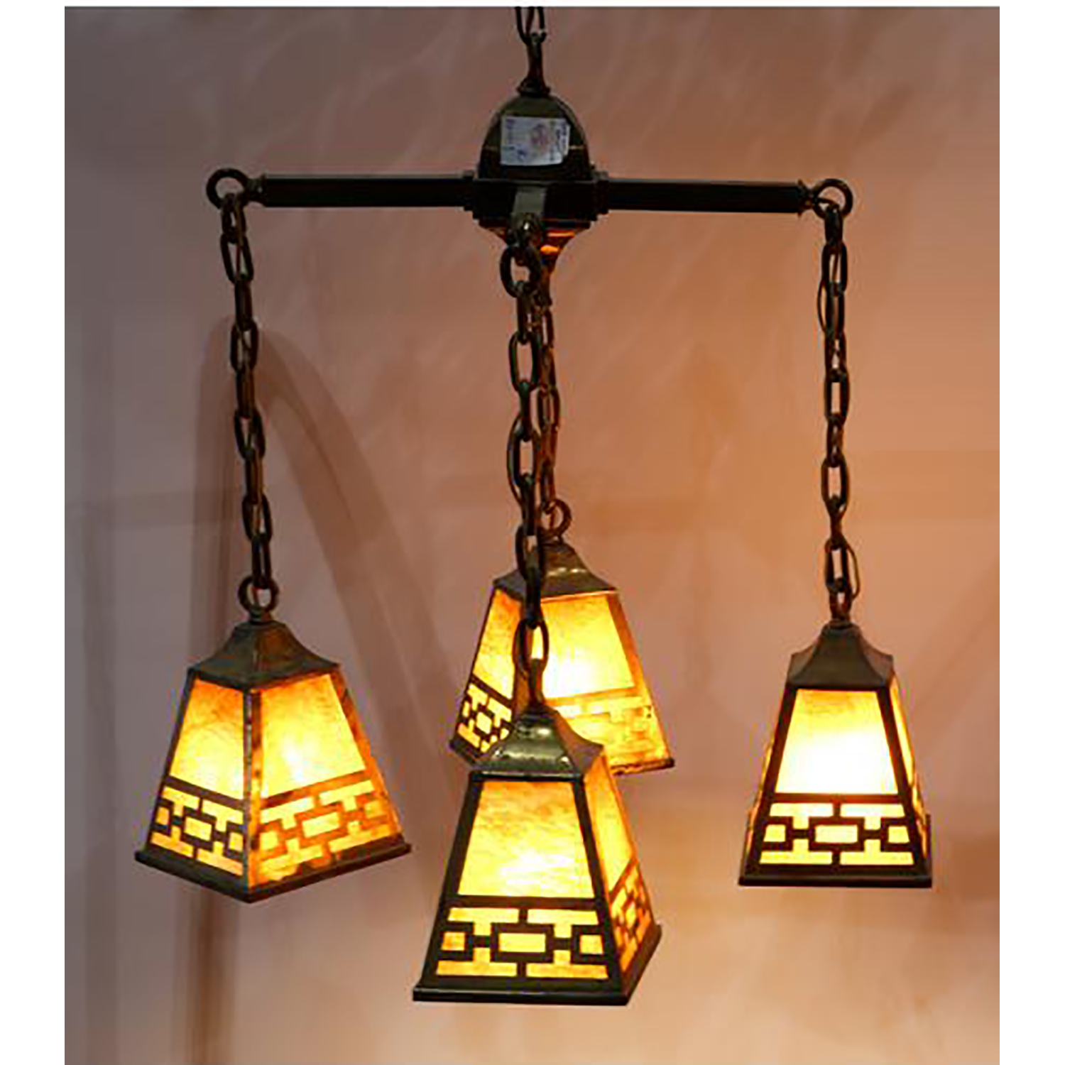 AL1-006: C 1900 ARTS & CRAFTS HAMMERED AMBER SLAG GLASS 4 LIGHT CHANDELIER