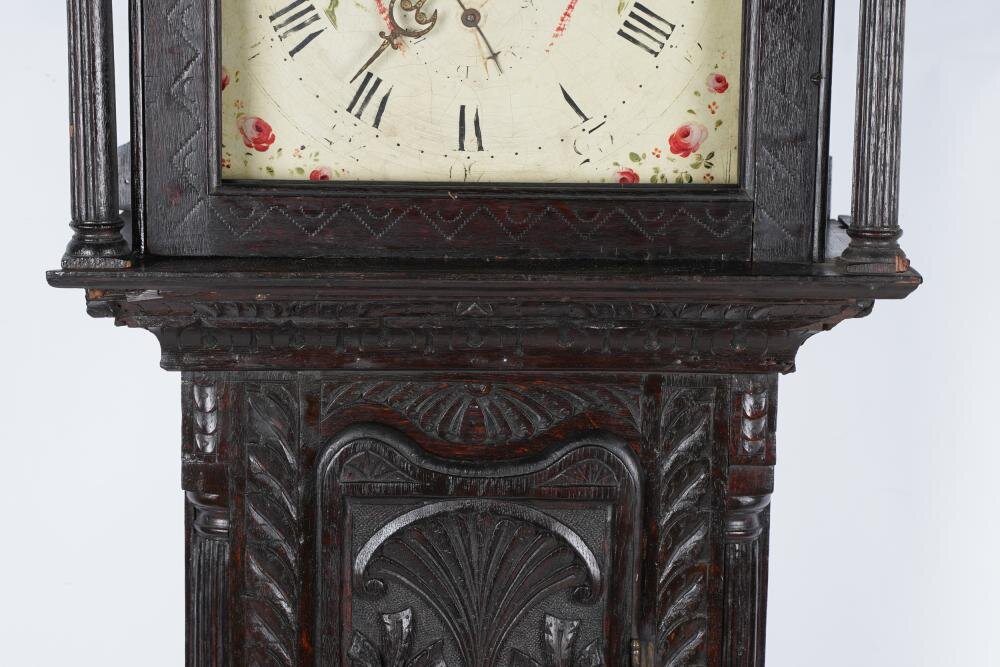 TK1-100: 17TH CENTURY ENGLISH JACOBEAN STYLE OAK TALL CASE CLOCK