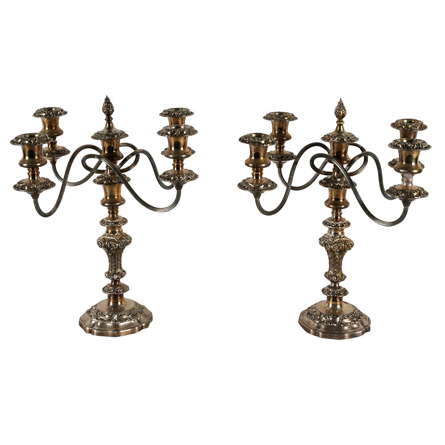 DA2-090: PAIR OF LATE 19TH C SHEFFIELD SILVER-PLATE FIVE-LIGHT CANDELABRA