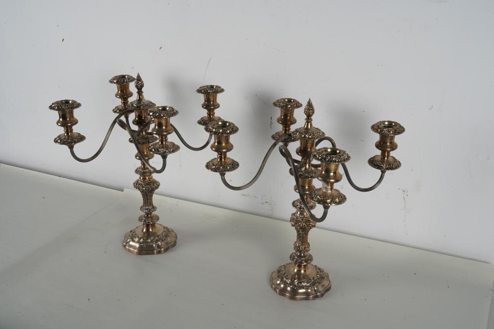 DA2-090: PAIR OF LATE 19TH C SHEFFIELD SILVER-PLATE FIVE-LIGHT CANDELABRA