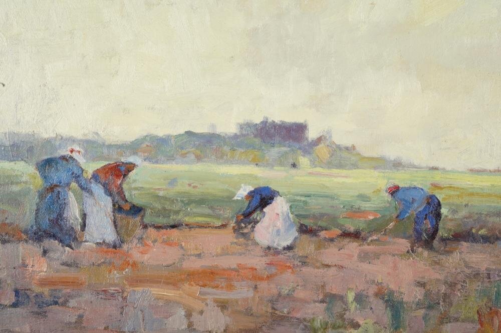 AW420: GEORGE K BRANDRIFF (1890 - 1936): "BRITTANY POTATO FARMERS” - IMPRESSIONIST OIL ON CANVAS EARLY 20TH C