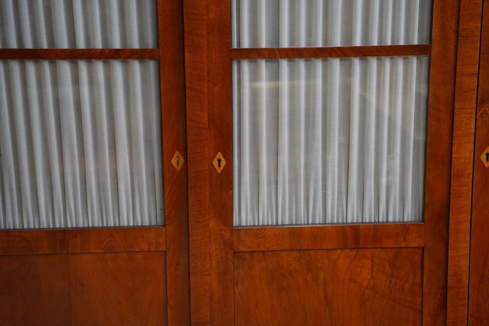 AF3-101: Antique Period German Biedermeier Fruitwood & Walnut Glazed Door Cabinet Circa 1820