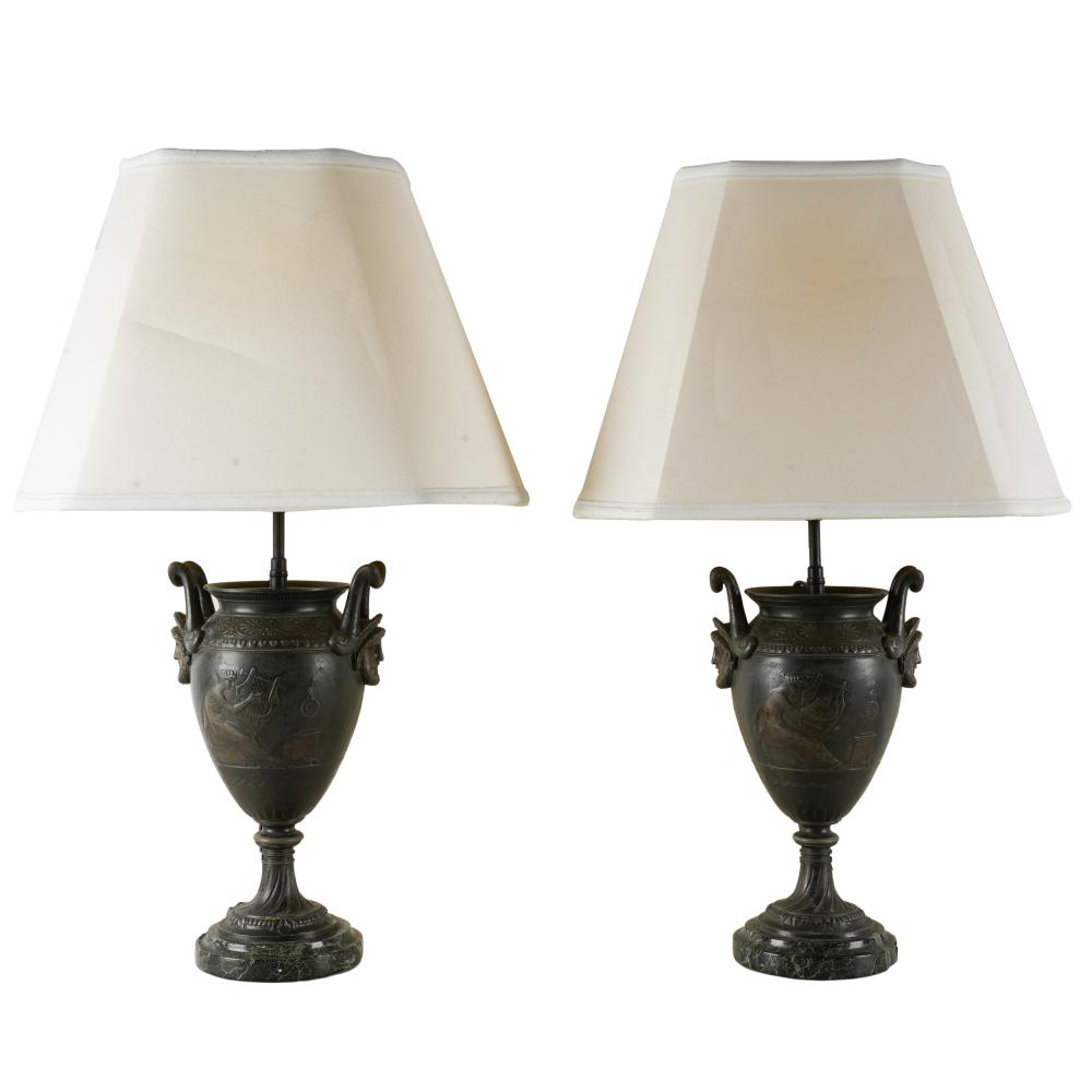 AL2-004: PAIR OF 19TH CENTURY NEOCLASSICAL STYLE BRONZE URNS CONVERTED TO LAMPS