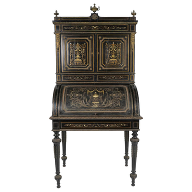 ANTIQUE NAPOLEON III INLAID EBONIZED BUREAU À CYLINDRE | Work of Man