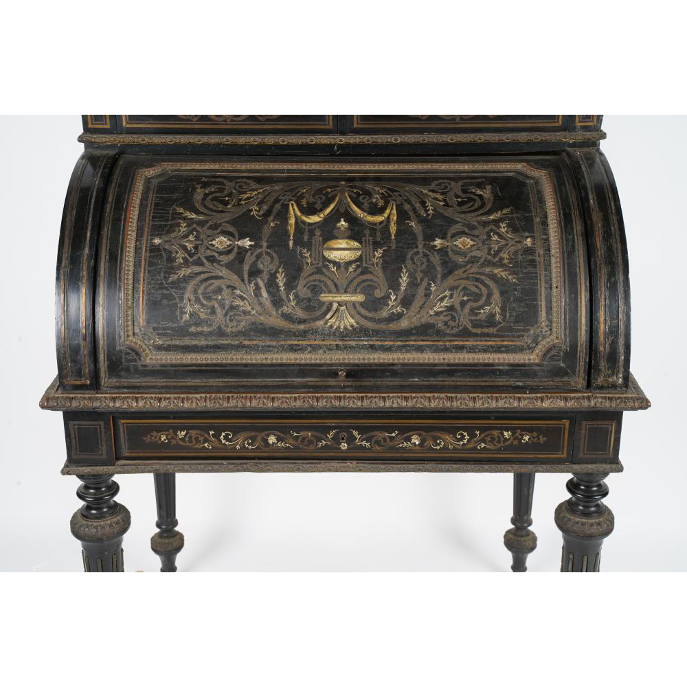 AF5-207: ANTIQUE MID 19TH CENTURY NAPOLEON III INLAID EBONIZED BUREAU À CYLINDRE