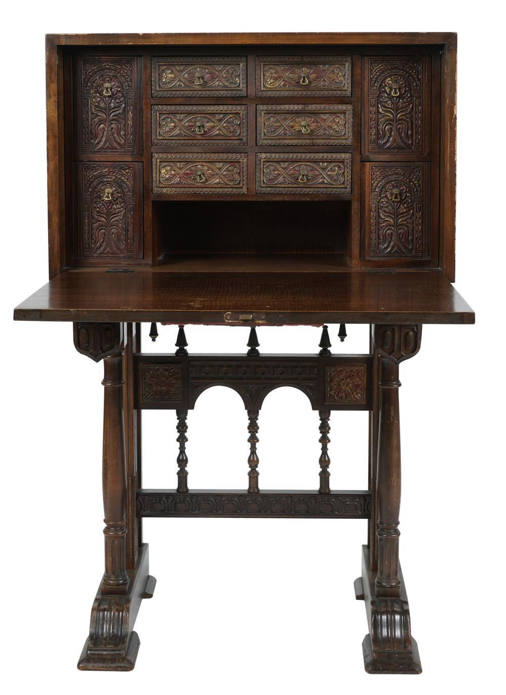 AF5-111: ANTIQUE EARLY 20TH CENTURY POLYCHROME SPANISH COLONIAL REVIVAL WALNUT VARGUENO ON STAND