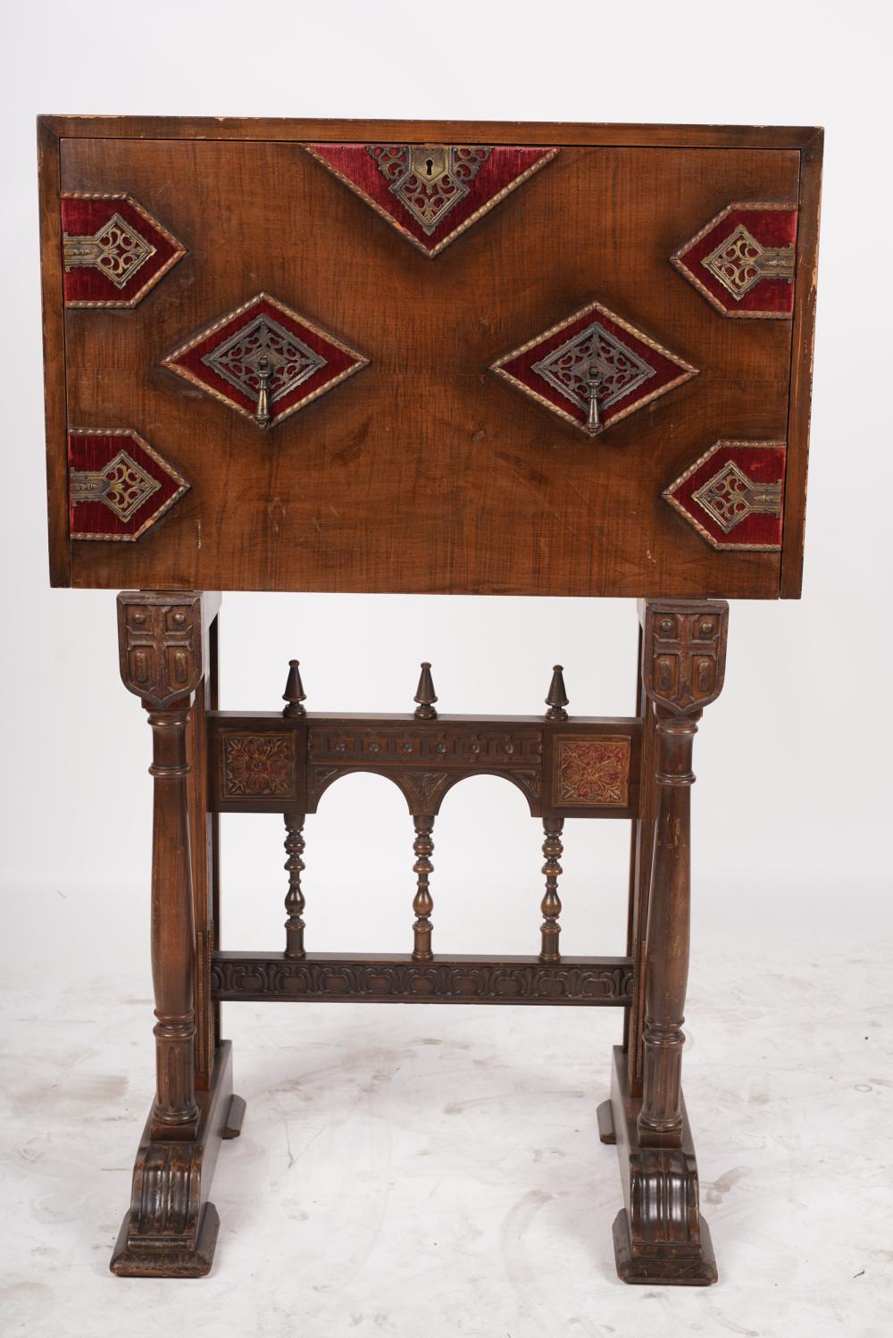 AF5-111: ANTIQUE EARLY 20TH CENTURY POLYCHROME SPANISH COLONIAL REVIVAL WALNUT VARGUENO ON STAND