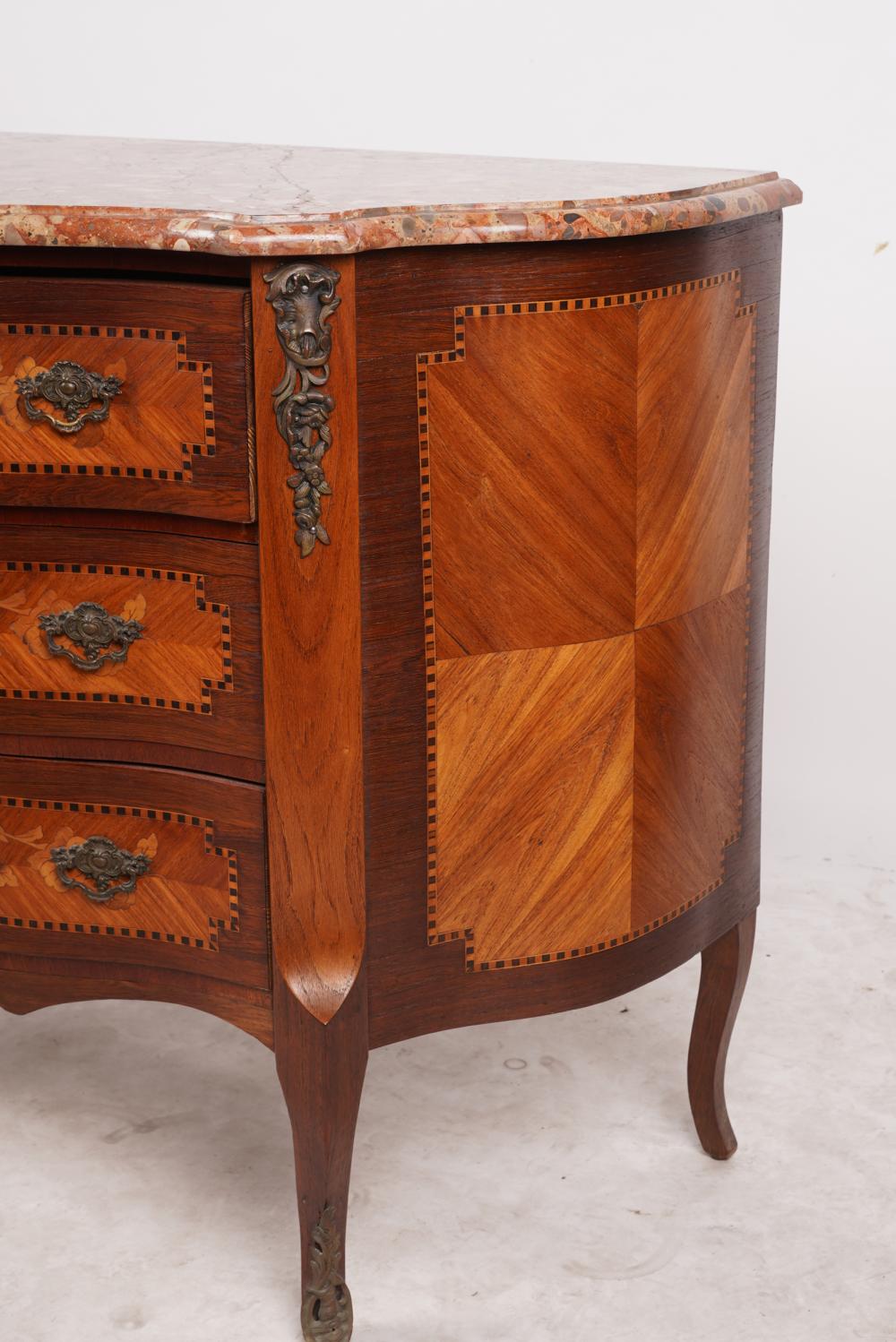 AF4-112: ANTIQUE LATE 19TH CENTURY LOUIS XV STYLE FRENCH KINGWOOD MARQUETRY MARBLE TOP  CHEST OF DRAWERS