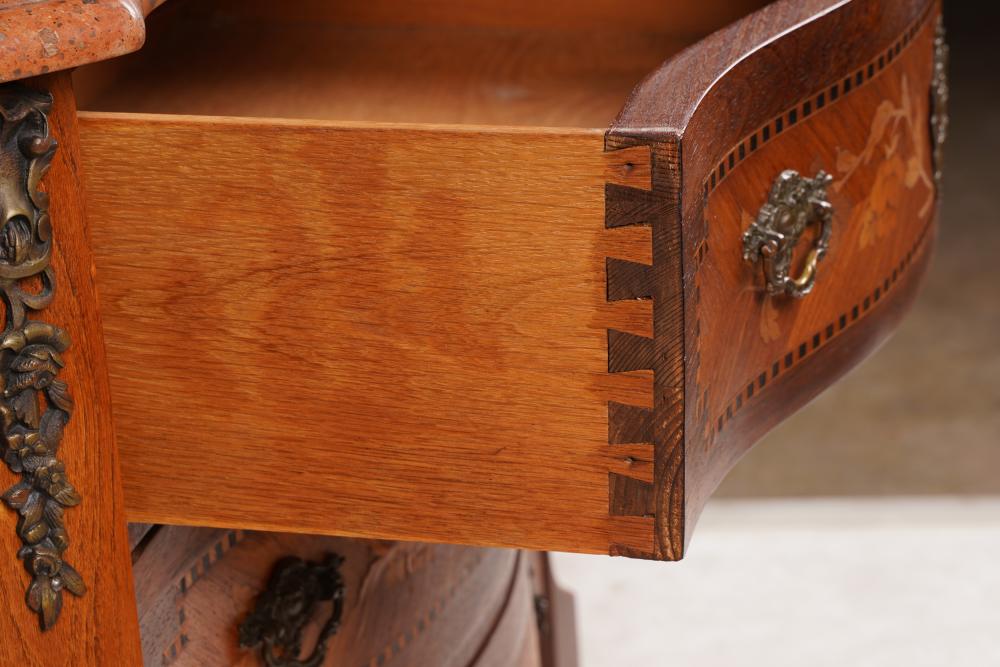 AF4-112: ANTIQUE LATE 19TH CENTURY LOUIS XV STYLE FRENCH KINGWOOD MARQUETRY MARBLE TOP  CHEST OF DRAWERS