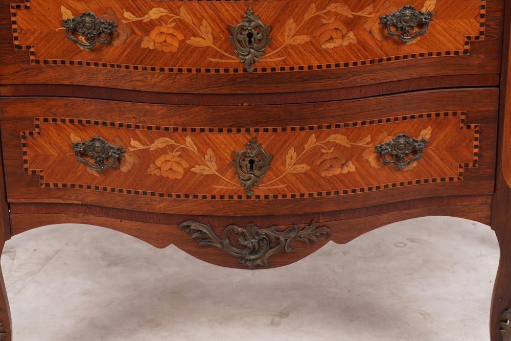 AF4-112: ANTIQUE LATE 19TH CENTURY LOUIS XV STYLE FRENCH KINGWOOD MARQUETRY MARBLE TOP  CHEST OF DRAWERS