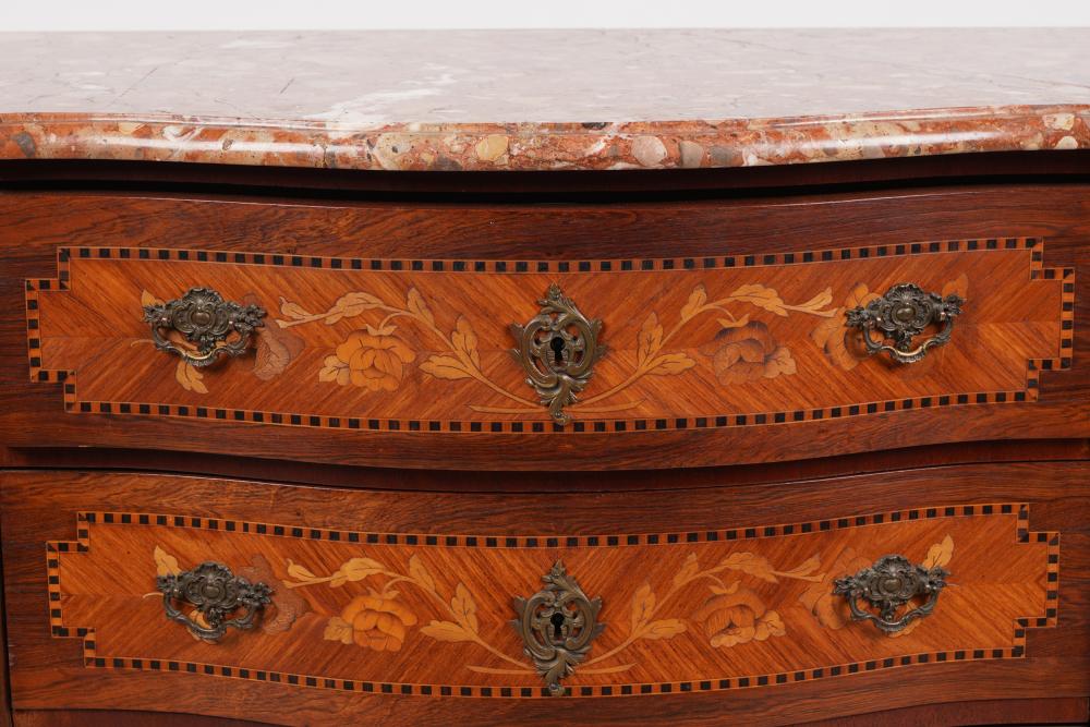 AF4-112: ANTIQUE LATE 19TH CENTURY LOUIS XV STYLE FRENCH KINGWOOD MARQUETRY MARBLE TOP  CHEST OF DRAWERS