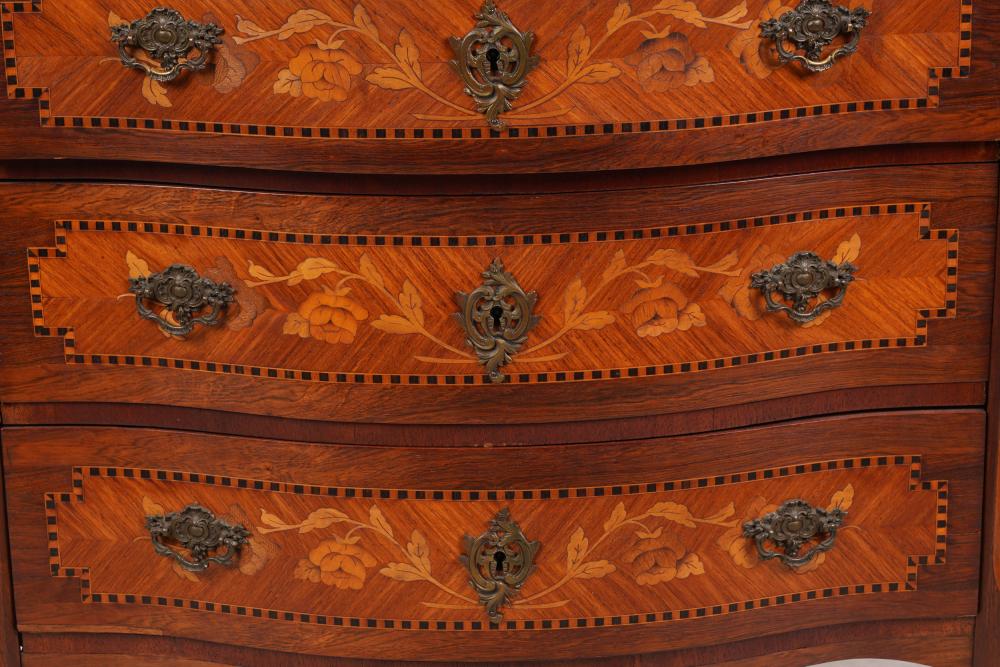 AF4-112: ANTIQUE LATE 19TH CENTURY LOUIS XV STYLE FRENCH KINGWOOD MARQUETRY MARBLE TOP  CHEST OF DRAWERS