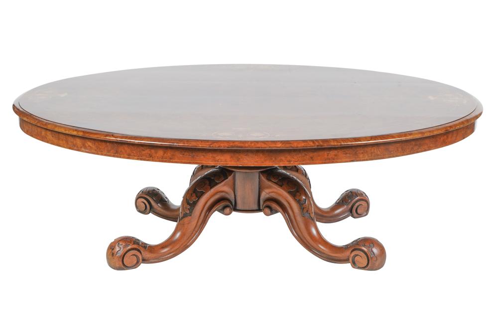 AF1-106: ANTIQUE MID 19TH C ENGLISH OVAL WALNUT LOO TABLE REDUCED TO COFFEE TABLE HEIGHT