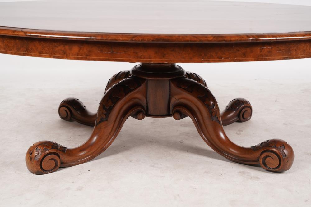 AF1-106: ANTIQUE MID 19TH C ENGLISH OVAL WALNUT LOO TABLE REDUCED TO COFFEE TABLE HEIGHT