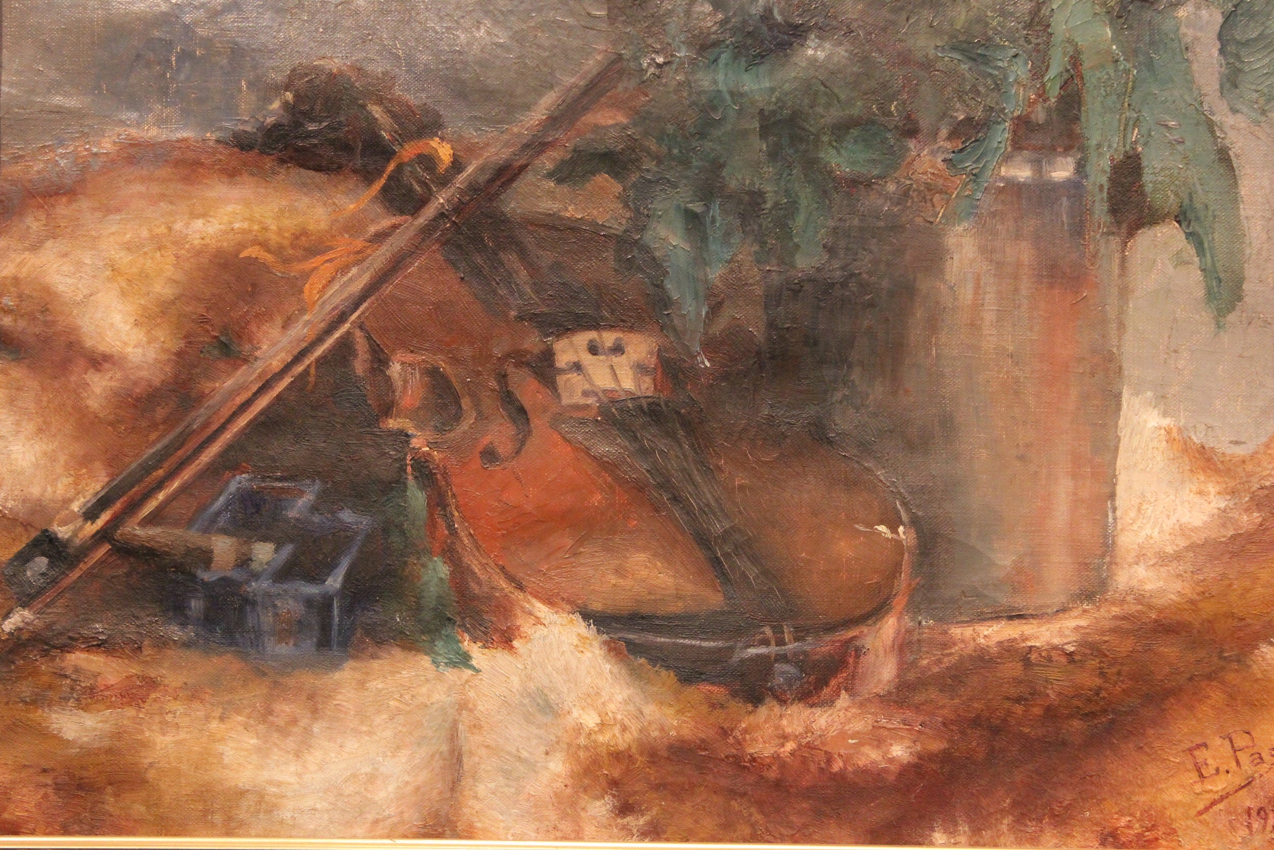 AW246 - E. Pas - Floral Still Life With Violin - Oil on Canvas