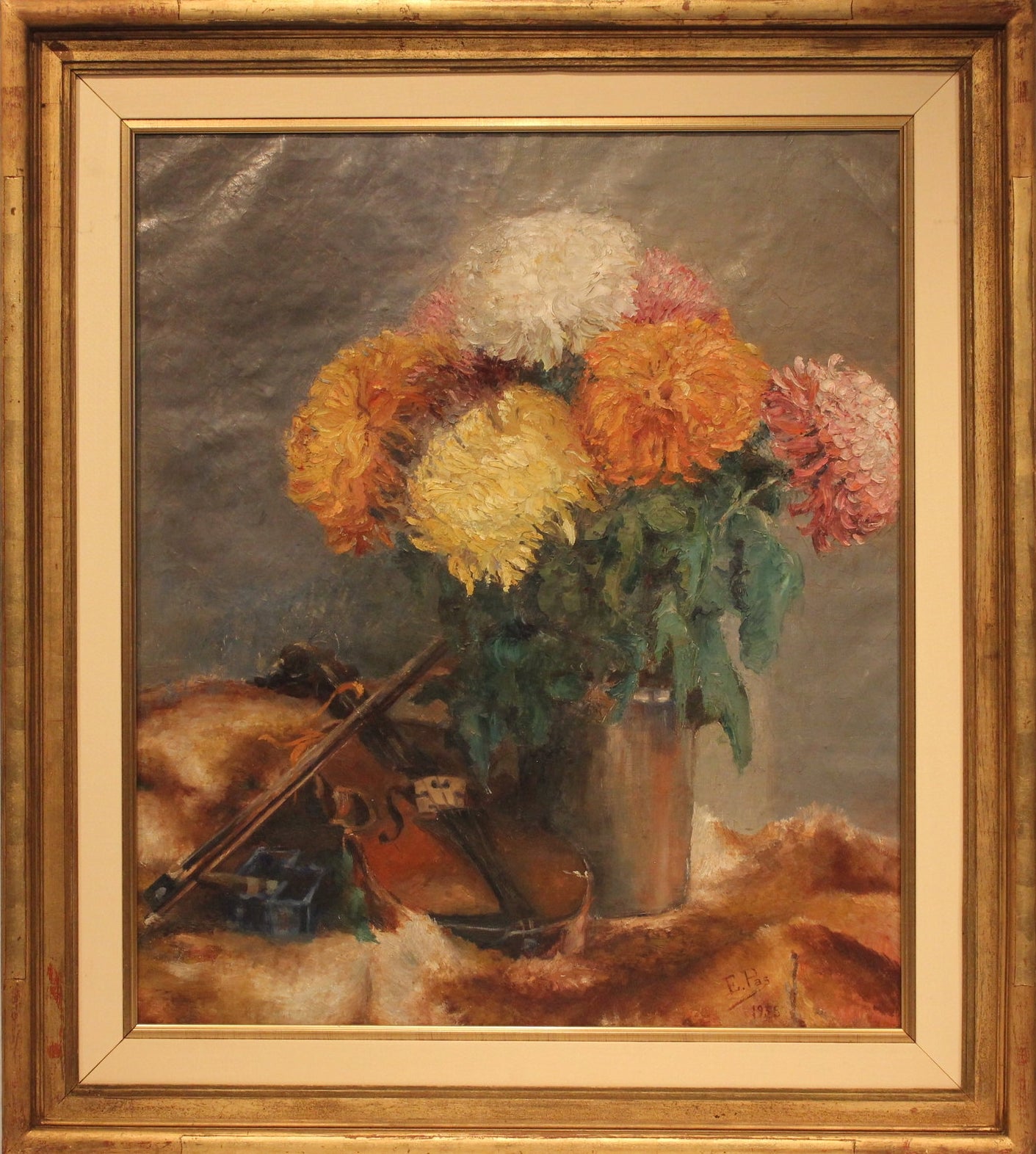 E. Pas - Floral Still Life With Violin - Oil on Canvas Painting | Work of Man