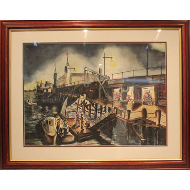 American School - Modernist Harbor Scene - Watercolor Painting | Work of Man